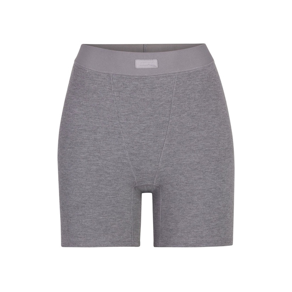 SKIMS Ribbed High-Waist Biker Shorts in Heather Gray